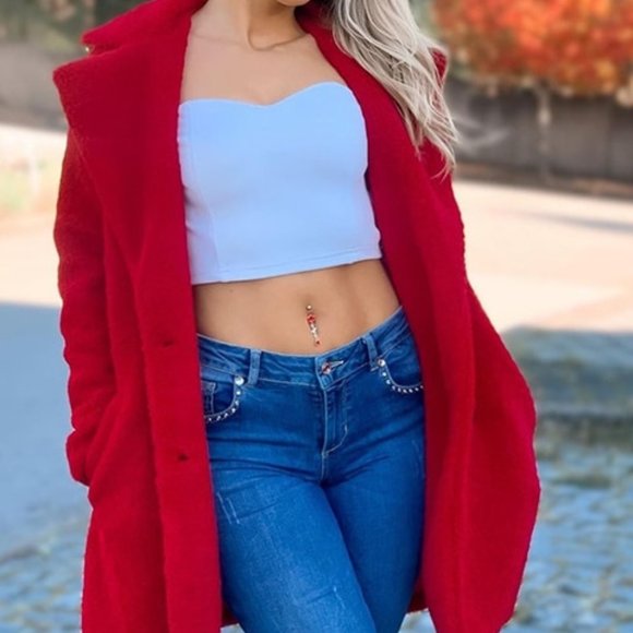MODA ME COUTURE Jackets & Blazers - Red Faux fur teddy pea coat contemporary